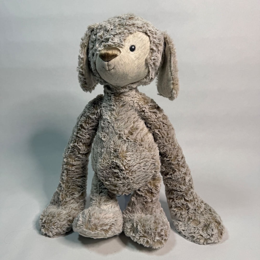 Demdaco Plush Puppy Dog Shaggy Taupe Floppy Limbs Weighted Stuffed Animal 16in